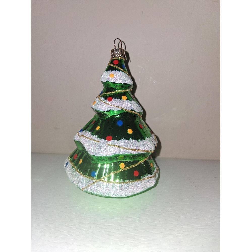 Vintage Hand Blown Glass Christmas Tree Ornament Green Flocked Snow Polka Dot 5"